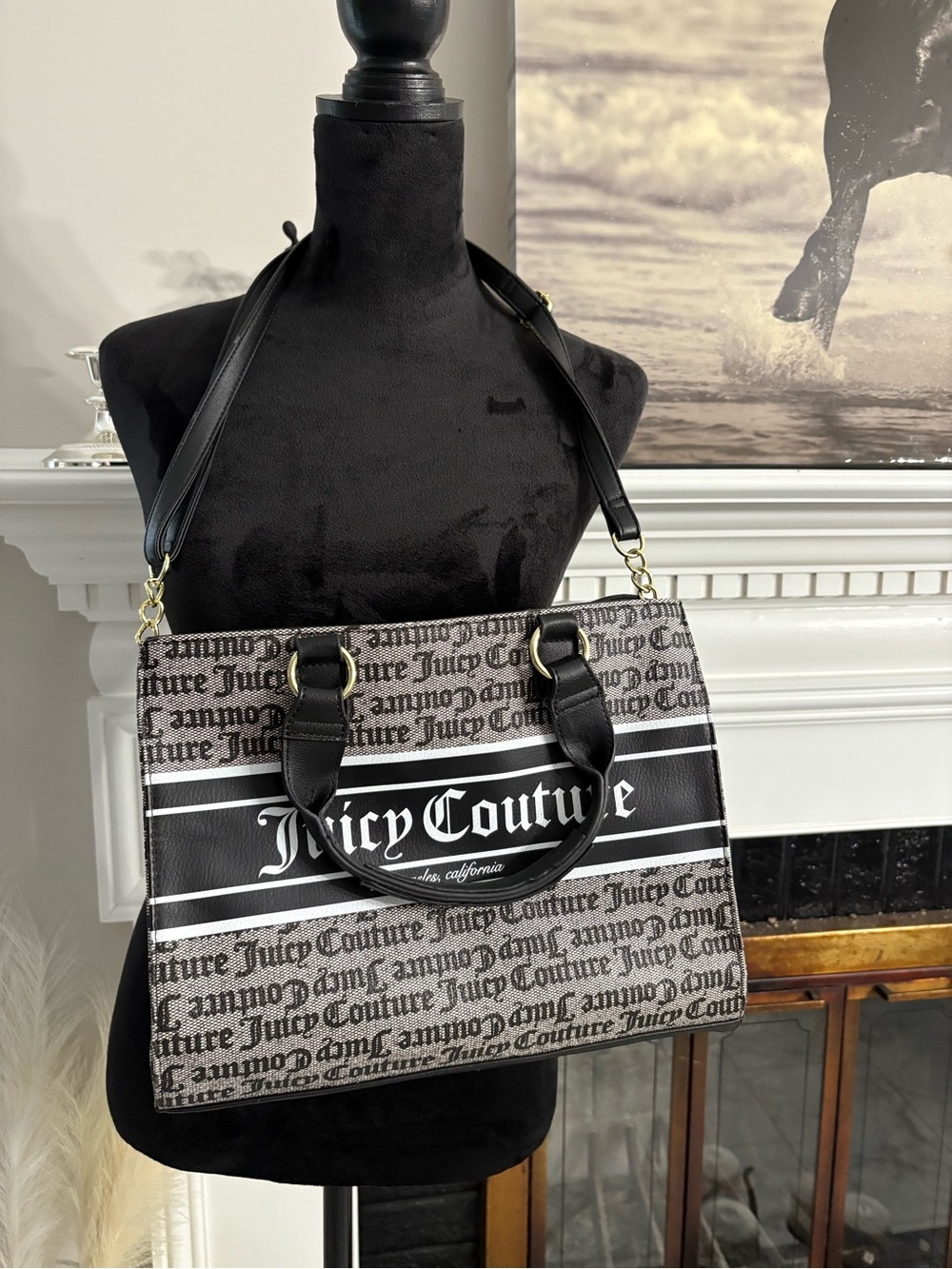 Juicy Couture Black and Beige Logo Messenger Bag